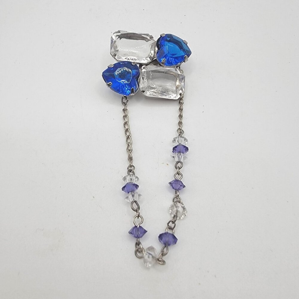 Unique Vintage‎ Blue And Clear Gems with Hanging Gems Pin Brooch